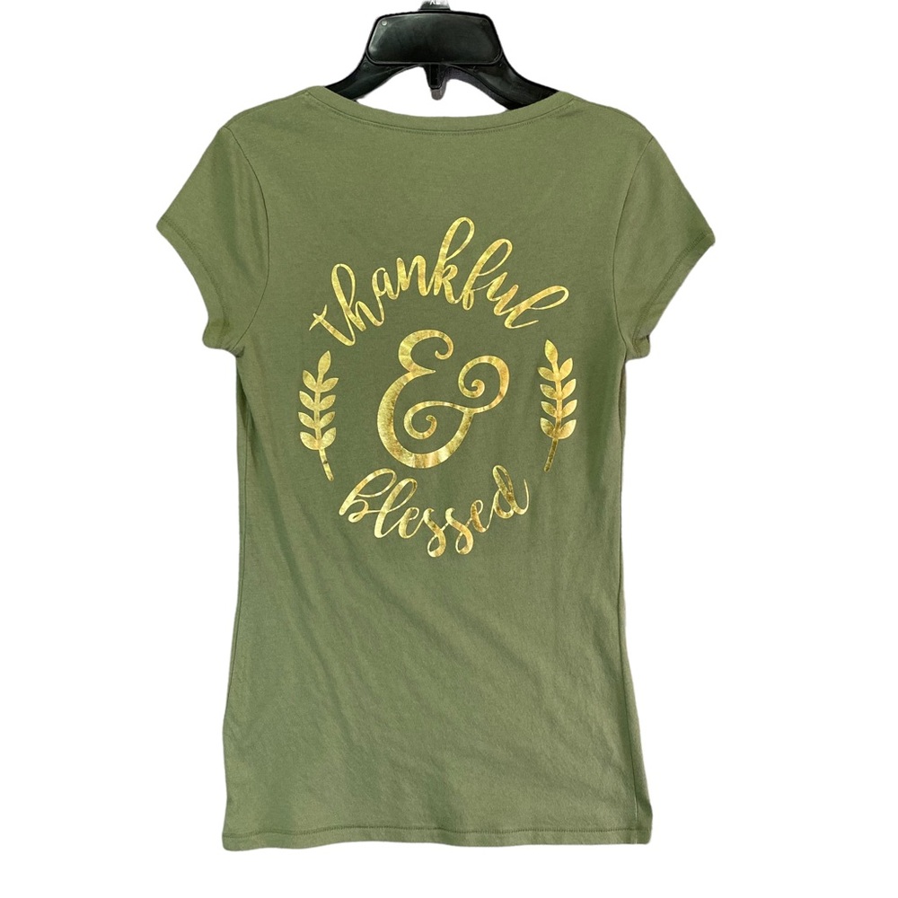 No Boundaries T-Shirt Thankful & Blessed Graphic Print Green/Gold Women Size | S